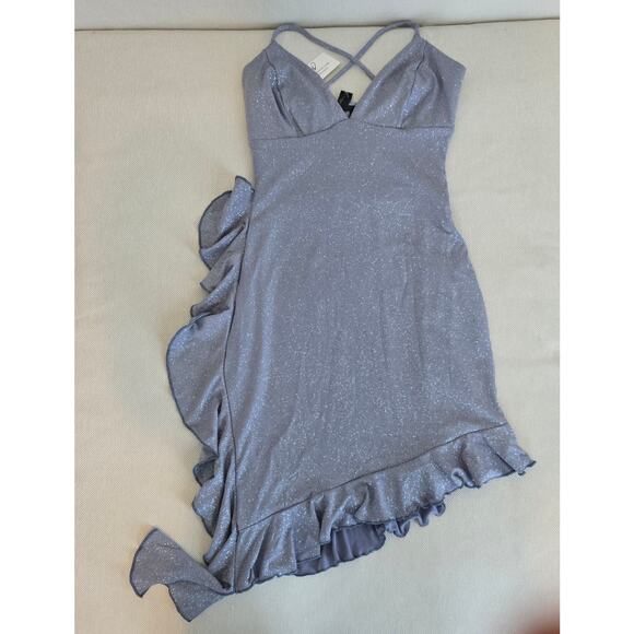 Windsor Baby Blue Sleeveless V-Neck Ruffle Glitter Mini Dress Size Small - Picture 2 of 8